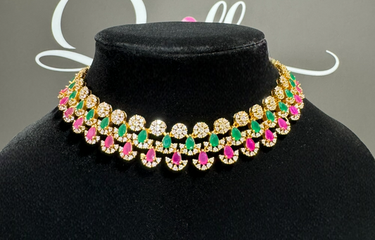 Pink & Green Stone CZ Necklace