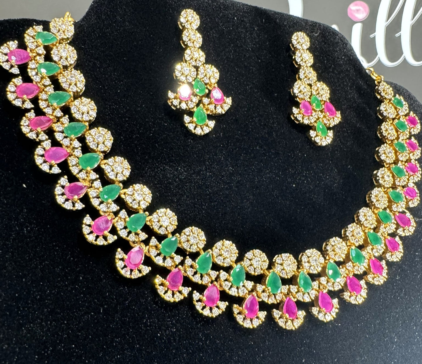 Pink & Green Stone CZ Necklace