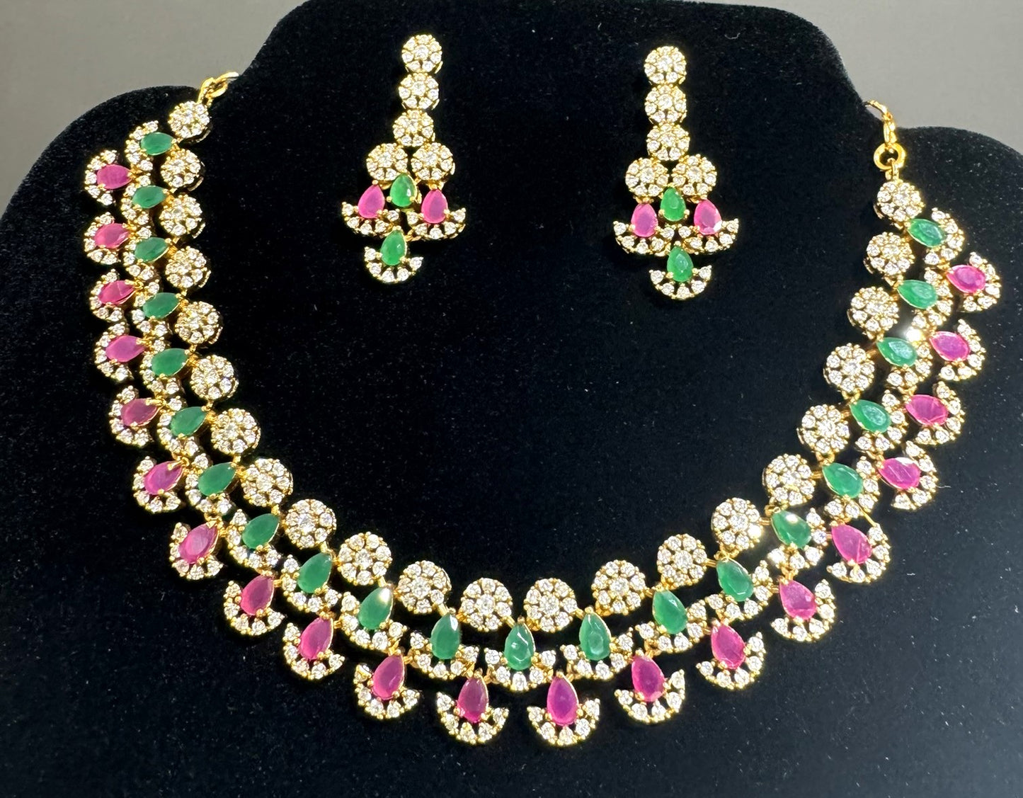 Pink & Green Stone CZ Necklace