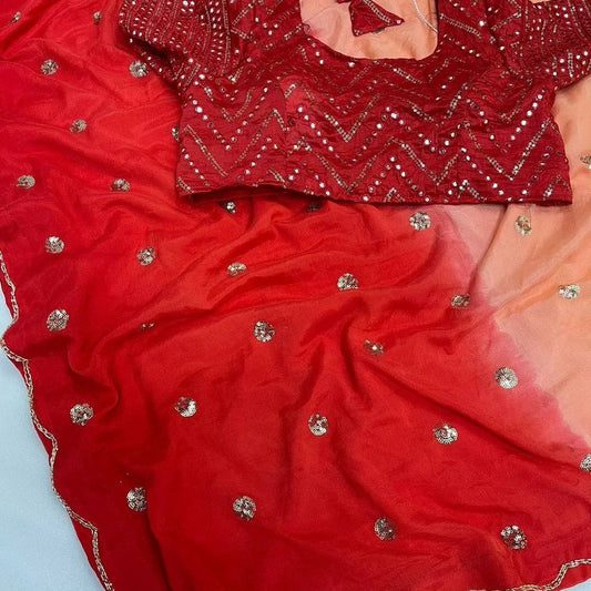 Peach & Red Silk Saree