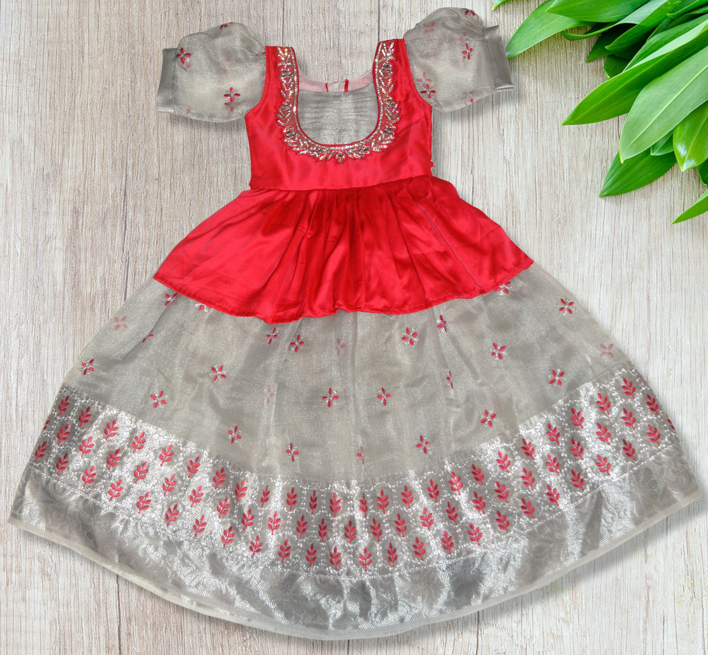 Pink and gray organza lehenga